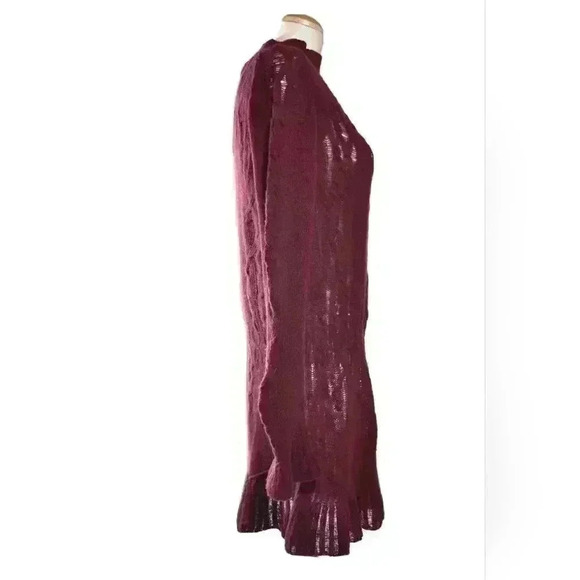 THEYSKENS THEORY Red Burgundy Wool Distressed Bell Sleeve 3/4 Length Dress - Picture 10 of 10